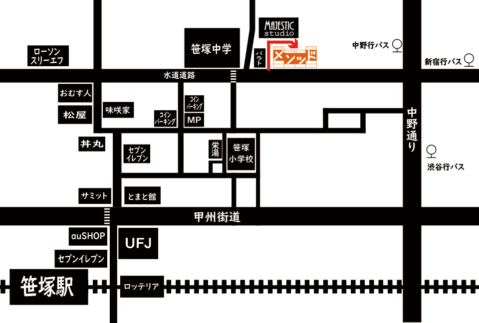 笹塚駅からスタジオまでの地図が分かりやすく表記されています